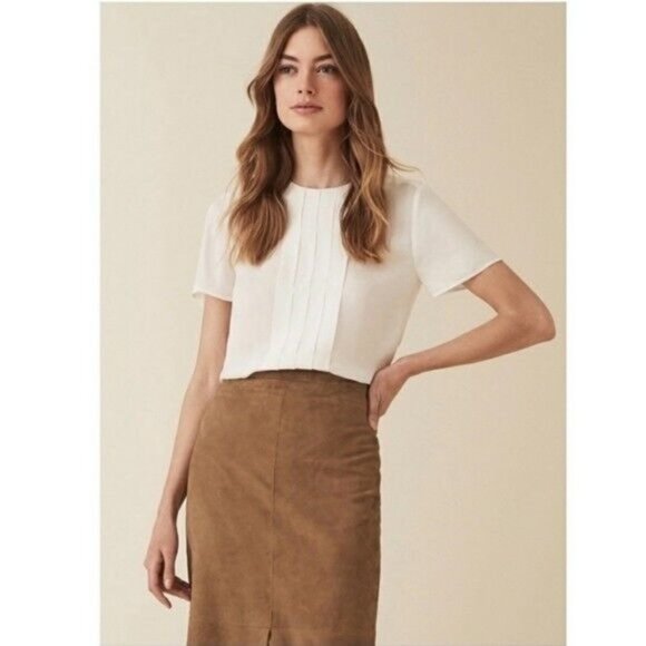 Reiss White Summer Top Pleated Blouse $180 Size 0 Jax-SS Layering Short Sleeve - Picture 2 of 11